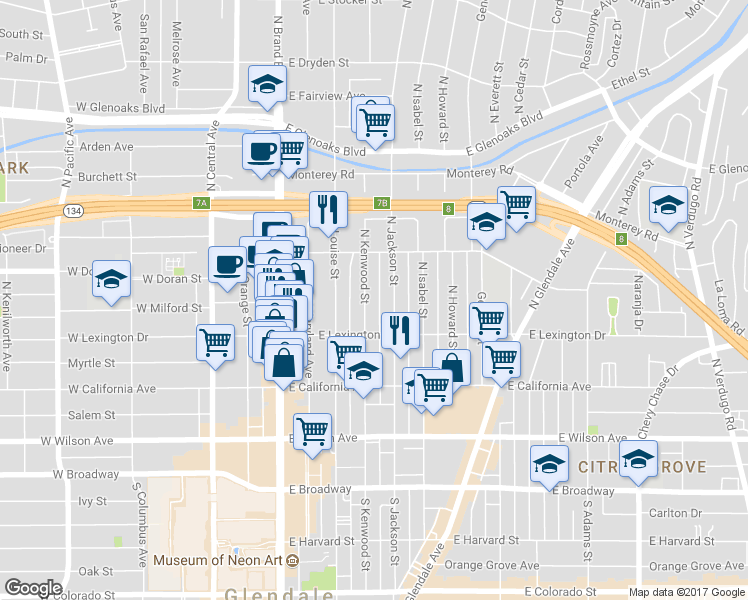 map of restaurants, bars, coffee shops, grocery stores, and more near 510 North Kenwood Street in Glendale