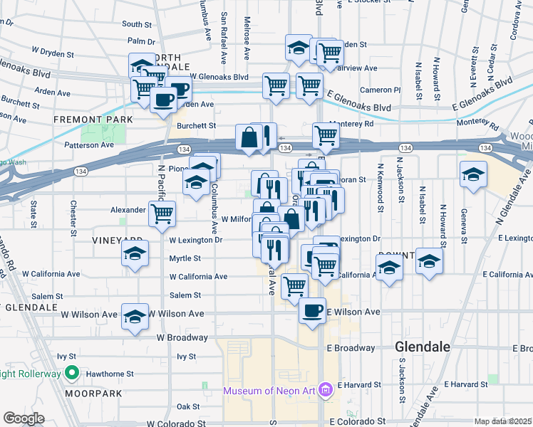 map of restaurants, bars, coffee shops, grocery stores, and more near 523 North Central Avenue in Glendale