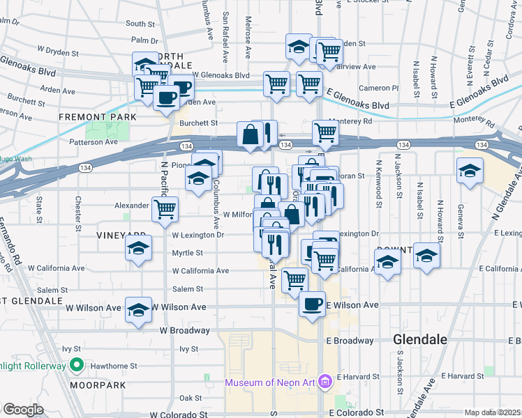 map of restaurants, bars, coffee shops, grocery stores, and more near 523 North Central Avenue in Glendale