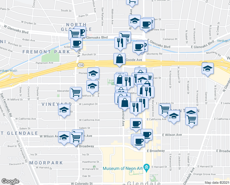 map of restaurants, bars, coffee shops, grocery stores, and more near 523 North Central Avenue in Glendale