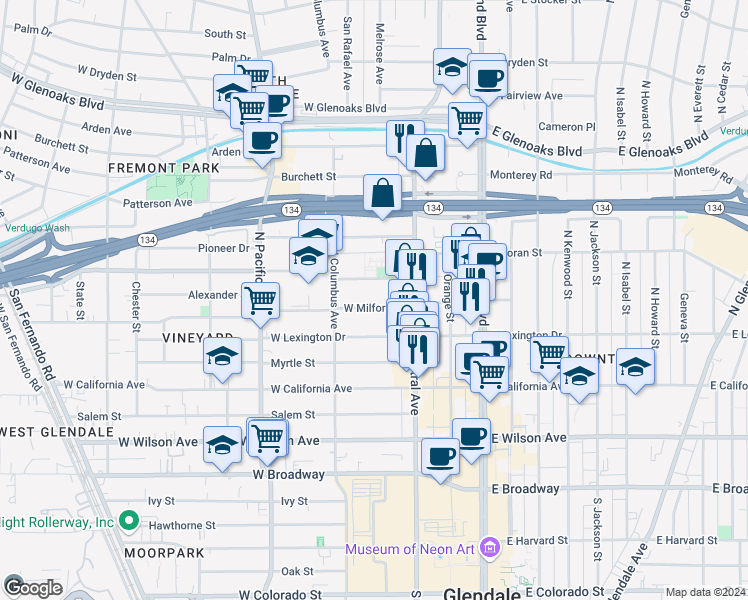 map of restaurants, bars, coffee shops, grocery stores, and more near 344 West Doran Street in Glendale