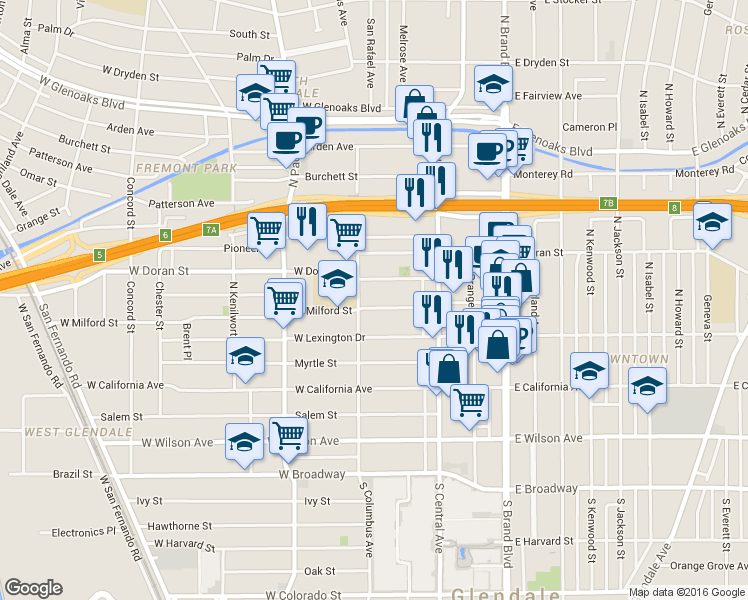 map of restaurants, bars, coffee shops, grocery stores, and more near 344 West Doran Street in Glendale