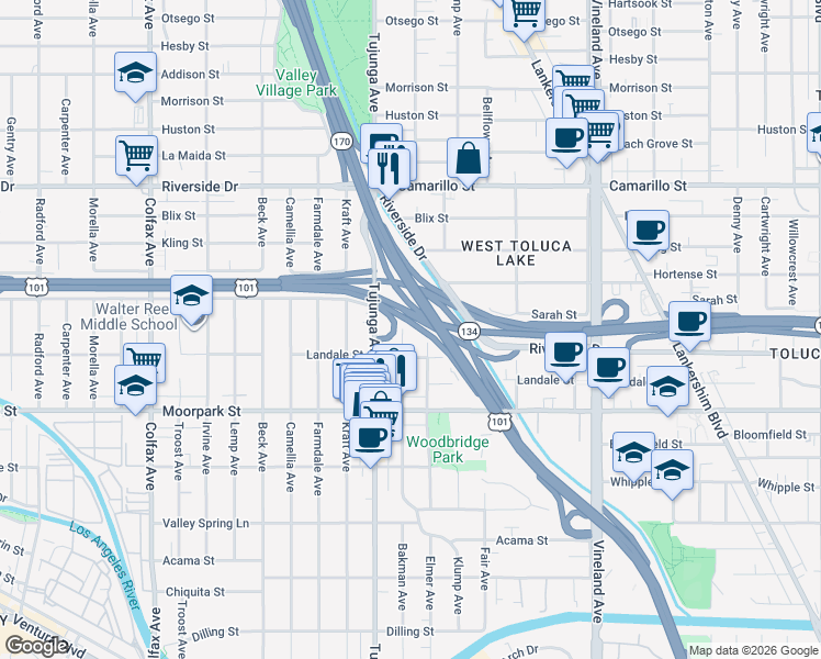 map of restaurants, bars, coffee shops, grocery stores, and more near 4530 Bakman Avenue in Los Angeles