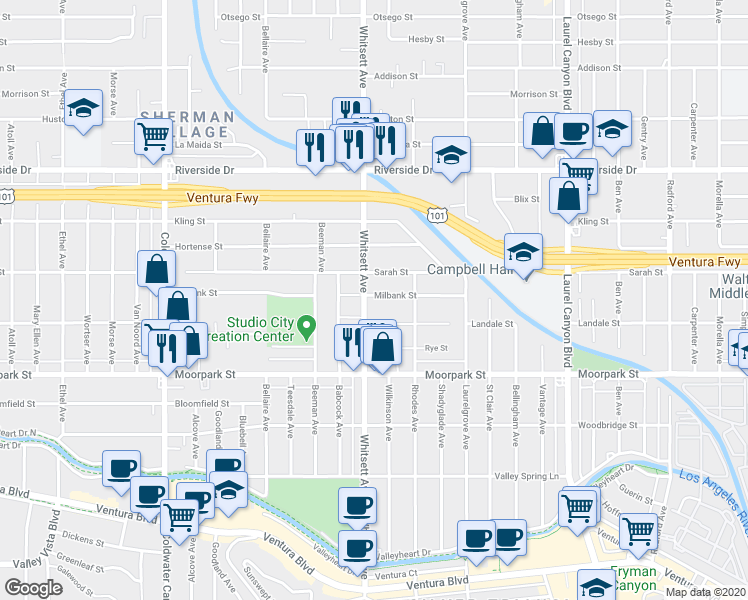 map of restaurants, bars, coffee shops, grocery stores, and more near 12503 Milbank Street in Los Angeles