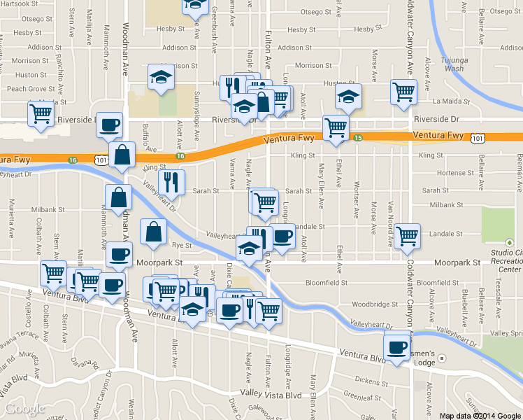 map of restaurants, bars, coffee shops, grocery stores, and more near 4562 Nagle Avenue in Los Angeles