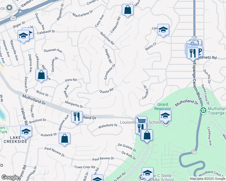 map of restaurants, bars, coffee shops, grocery stores, and more near 4705 Excelente Drive in Los Angeles