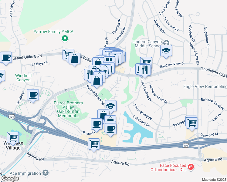 map of restaurants, bars, coffee shops, grocery stores, and more near 30813 Paris Court in Westlake Village