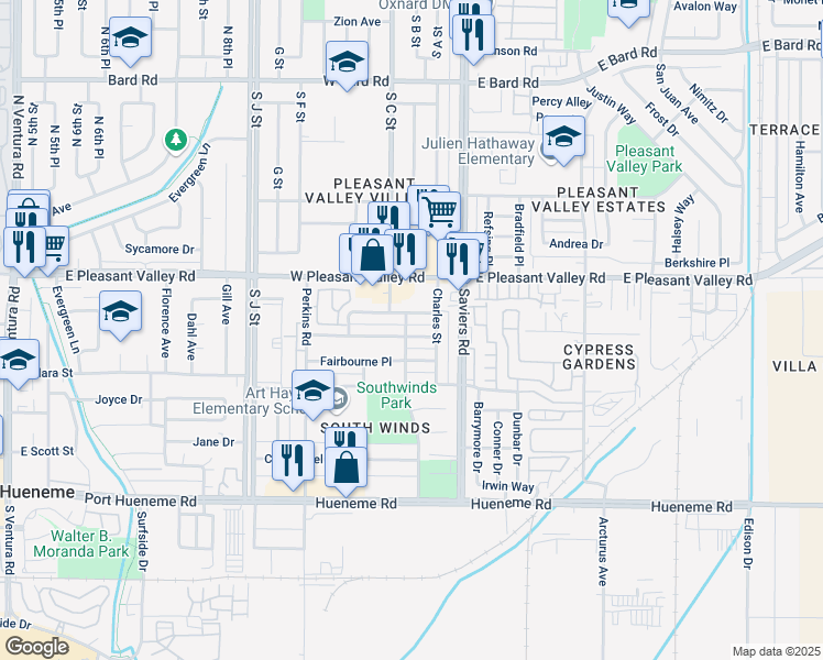 map of restaurants, bars, coffee shops, grocery stores, and more near 241 Campbell Way in Oxnard