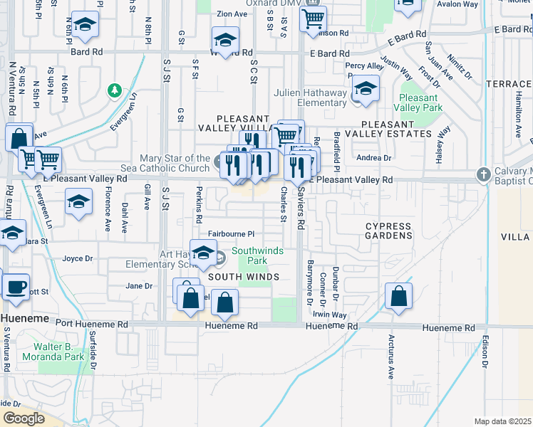 map of restaurants, bars, coffee shops, grocery stores, and more near 230 Canterbury Way in Oxnard