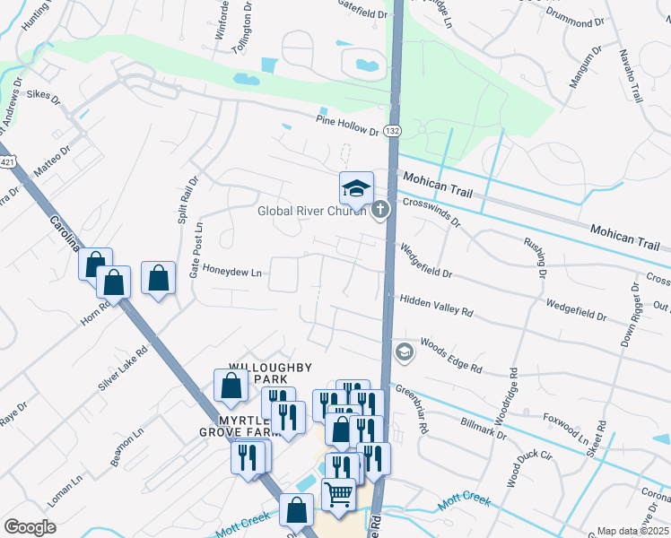 map of restaurants, bars, coffee shops, grocery stores, and more near 4618 Andros Lane in Wilmington