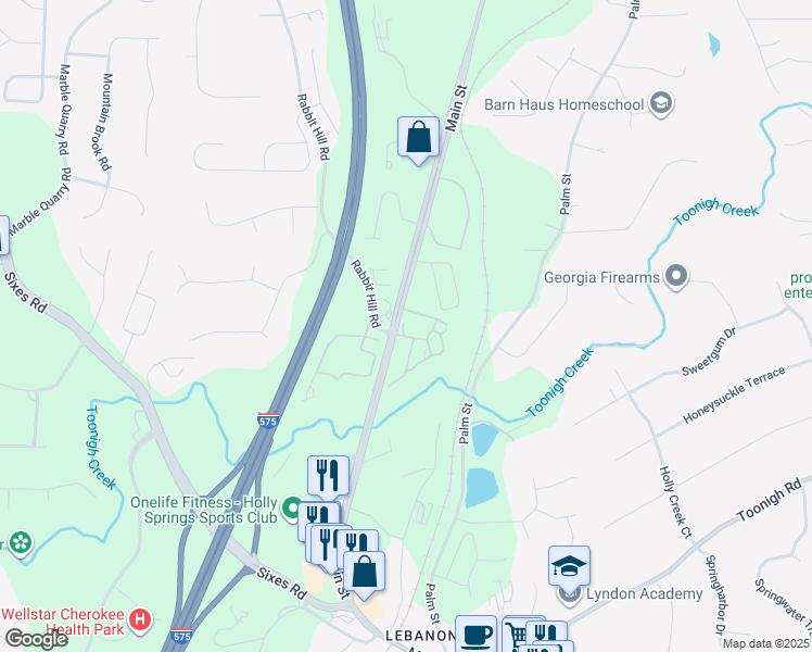 map of restaurants, bars, coffee shops, grocery stores, and more near 4206 Holly Springs Parkway in Canton
