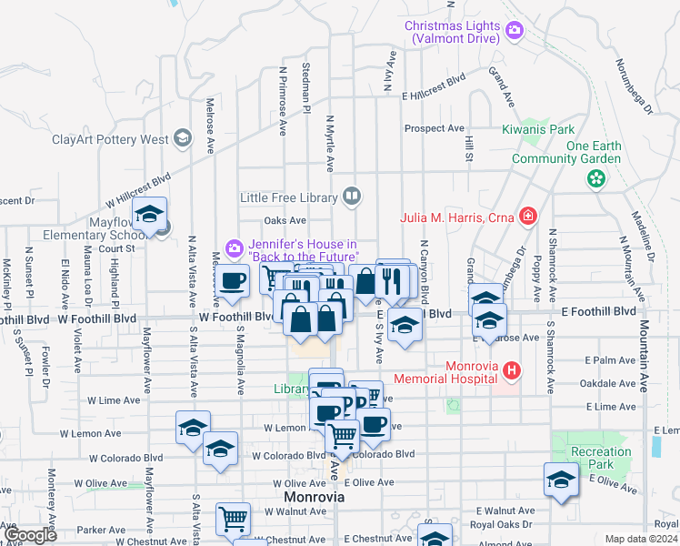 map of restaurants, bars, coffee shops, grocery stores, and more near 150 North Myrtle Avenue in Monrovia