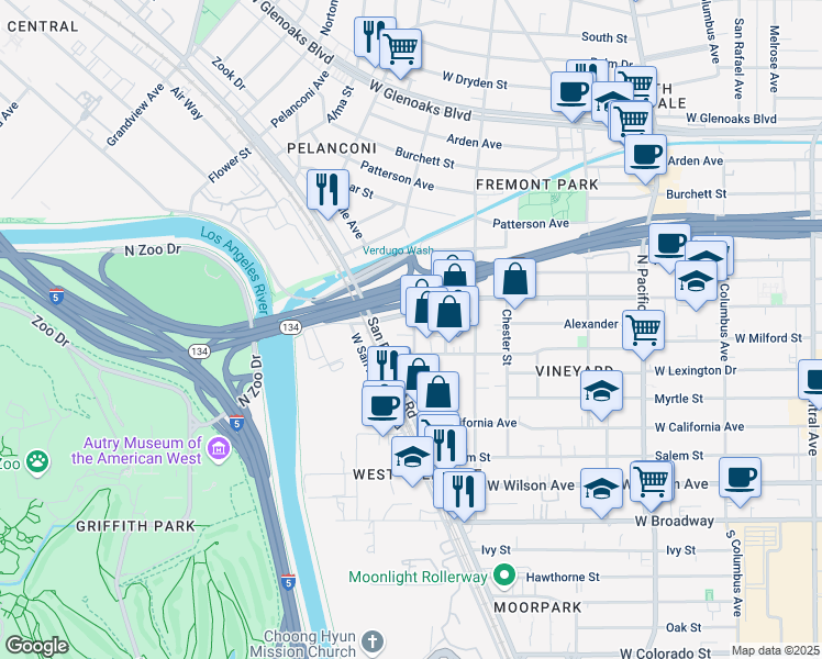 map of restaurants, bars, coffee shops, grocery stores, and more near 830 West Doran Street in Glendale