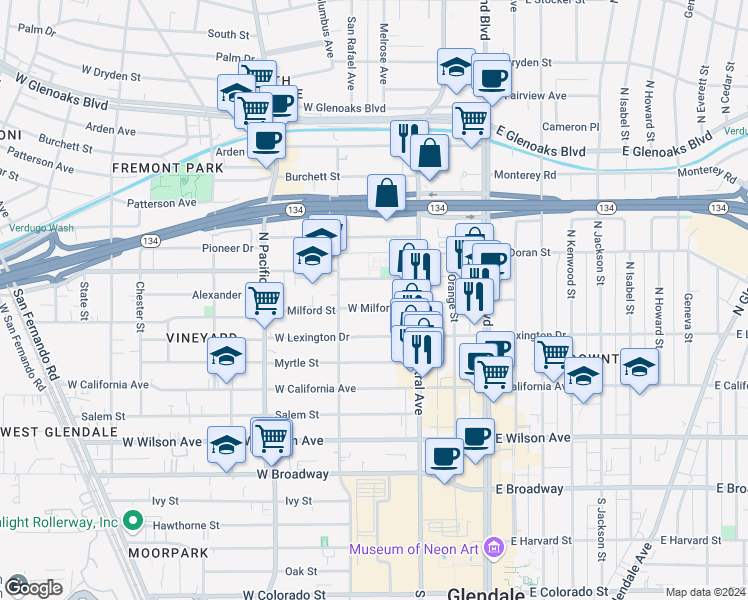 map of restaurants, bars, coffee shops, grocery stores, and more near 347 West Milford Street in Glendale
