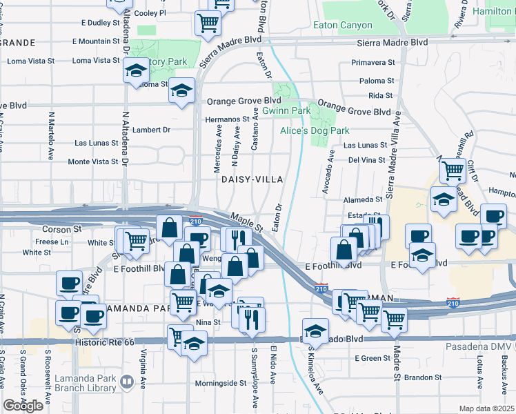 map of restaurants, bars, coffee shops, grocery stores, and more near 404 Castano Avenue in Pasadena