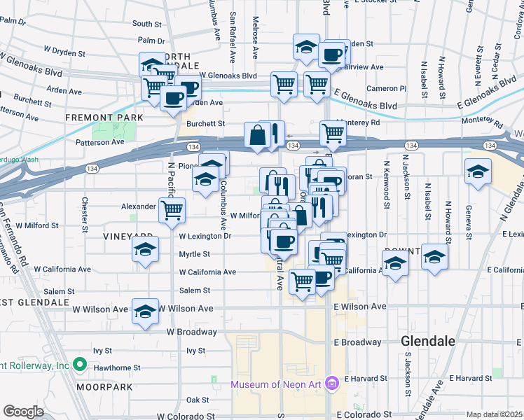 map of restaurants, bars, coffee shops, grocery stores, and more near 325 West Milford Street in Glendale