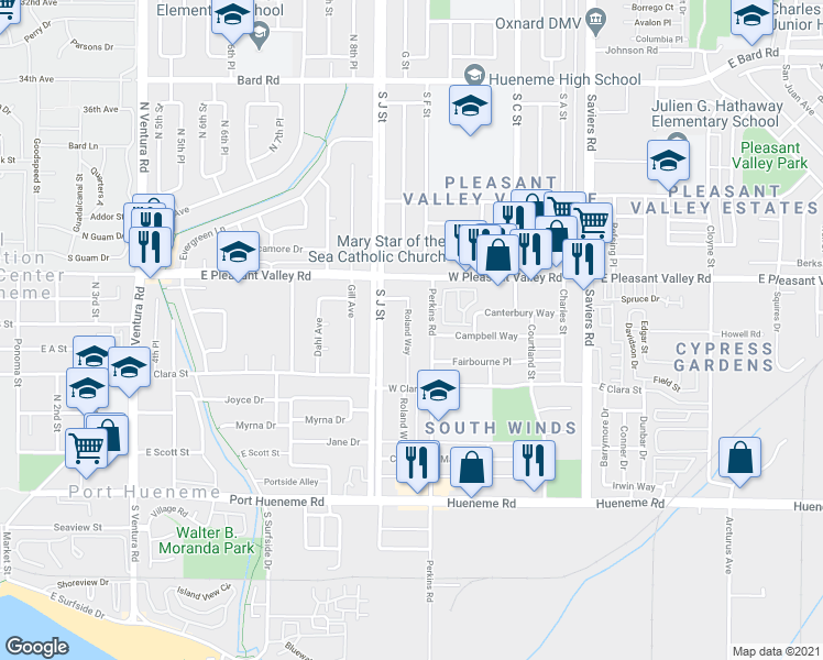 map of restaurants, bars, coffee shops, grocery stores, and more near 5209 Perkins Road in Oxnard