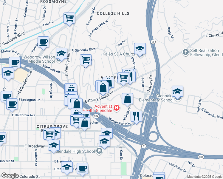 map of restaurants, bars, coffee shops, grocery stores, and more near 1551 East Chevy Chase Drive in Glendale