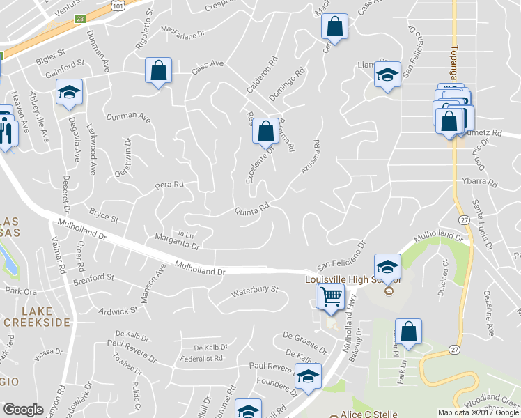 map of restaurants, bars, coffee shops, grocery stores, and more near 22580 Uhea Road in Los Angeles