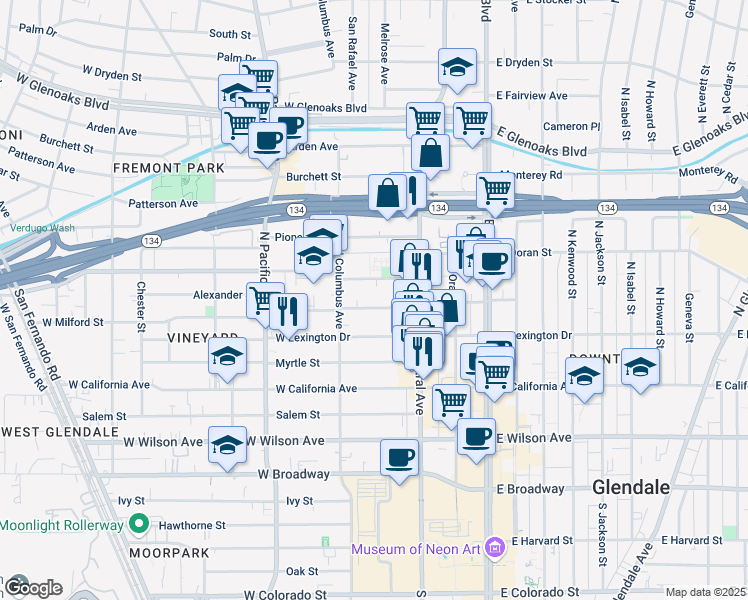 map of restaurants, bars, coffee shops, grocery stores, and more near 347 West Milford Street in Glendale