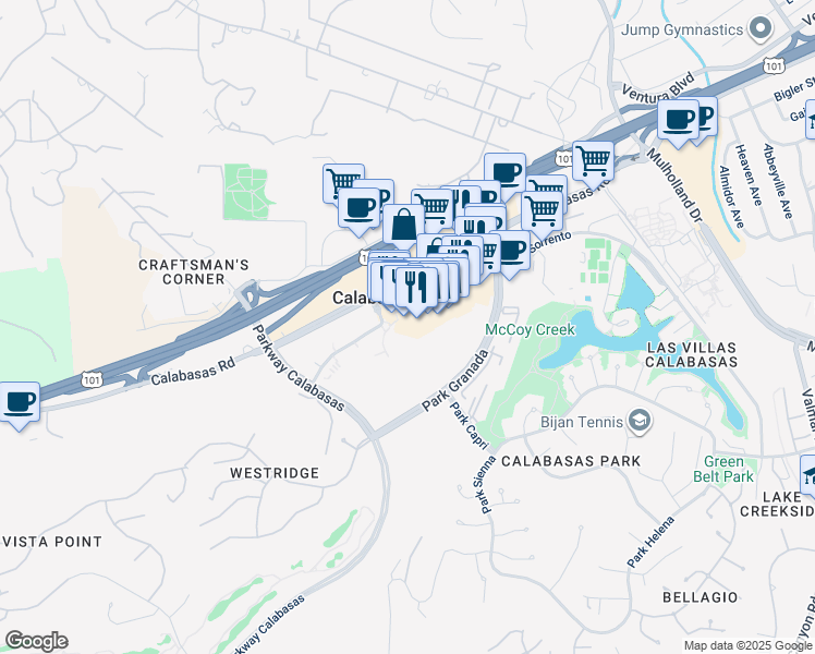 map of restaurants, bars, coffee shops, grocery stores, and more near 4767 Commons Way in Calabasas