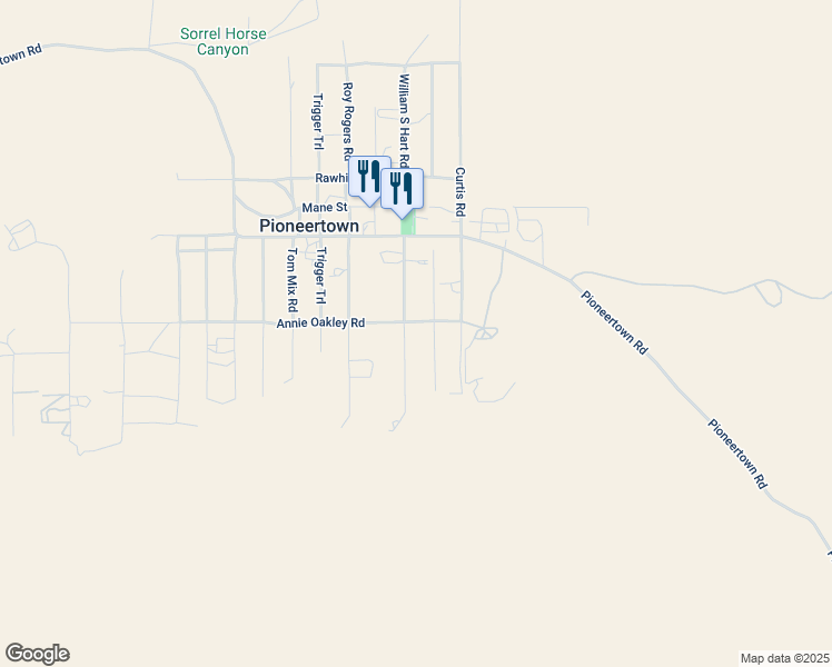 map of restaurants, bars, coffee shops, grocery stores, and more near 53655 Annie Oakley Road in Pioneertown