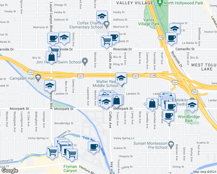 map of restaurants, bars, coffee shops, grocery stores, and more near 4529 Colfax Avenue in Los Angeles