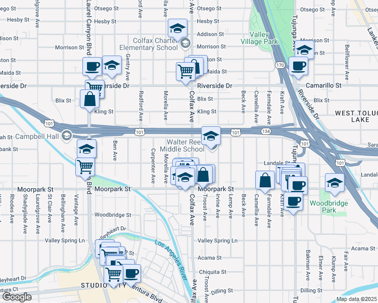 map of restaurants, bars, coffee shops, grocery stores, and more near 4529 Colfax Avenue in Los Angeles