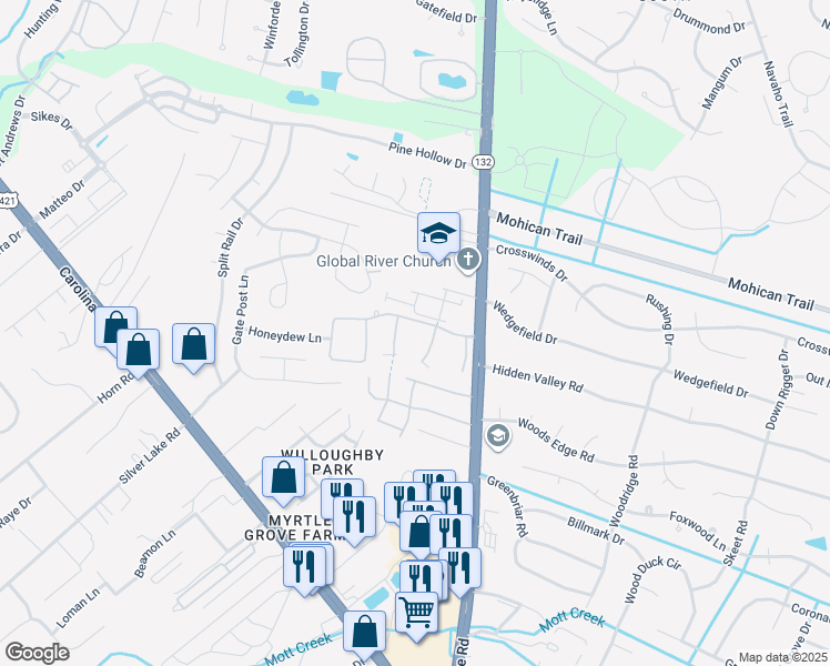 map of restaurants, bars, coffee shops, grocery stores, and more near 4632 Still Meadow Drive in Wilmington