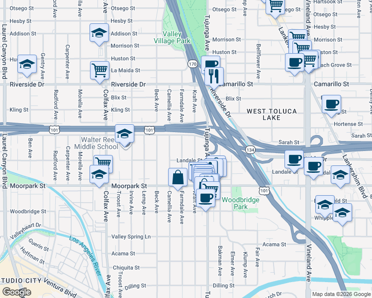 map of restaurants, bars, coffee shops, grocery stores, and more near 4528 Farmdale Avenue in Los Angeles