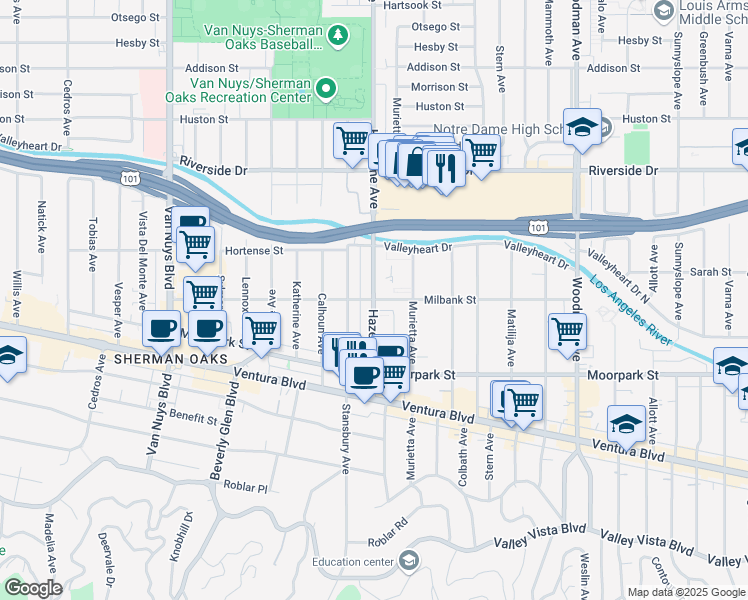 map of restaurants, bars, coffee shops, grocery stores, and more near Hazeltine Ave & Milbank St in Los Angeles