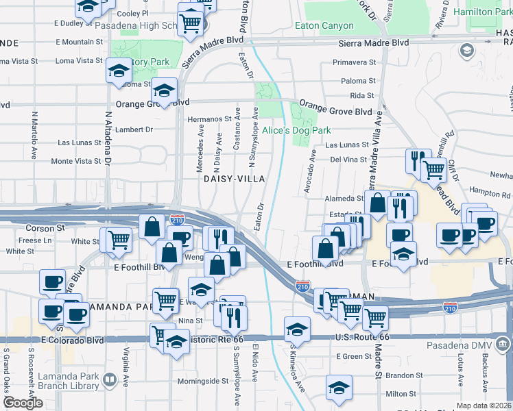map of restaurants, bars, coffee shops, grocery stores, and more near 375 Eaton Drive in Pasadena