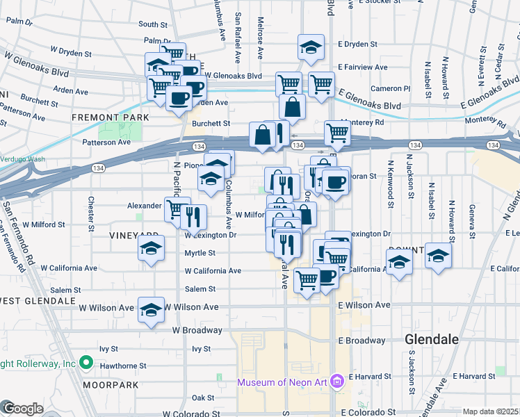 map of restaurants, bars, coffee shops, grocery stores, and more near 333 West Milford Street in Glendale