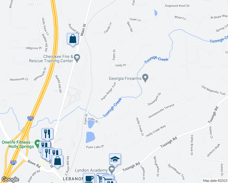 map of restaurants, bars, coffee shops, grocery stores, and more near 1242 Palm Ridge Trce in Canton