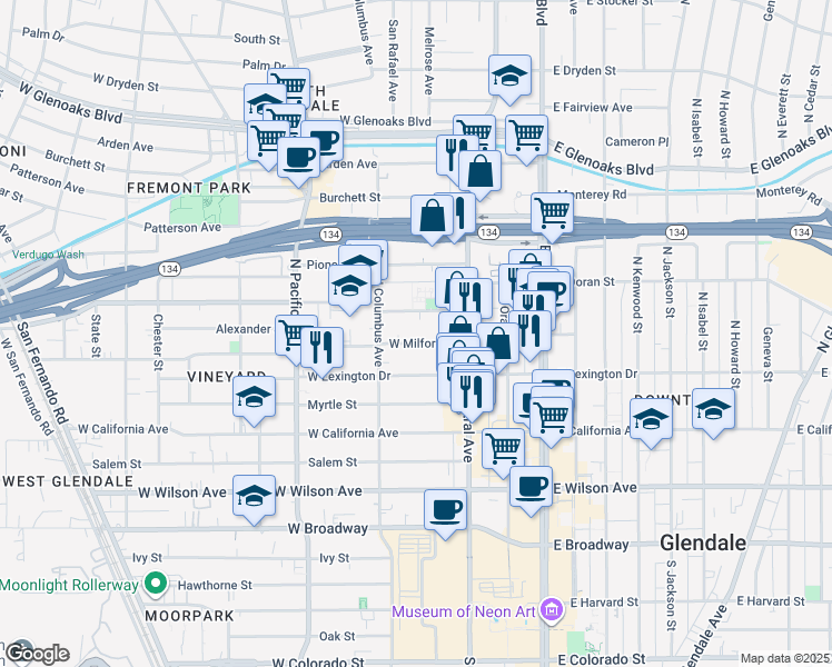 map of restaurants, bars, coffee shops, grocery stores, and more near 347 West Milford Street in Glendale