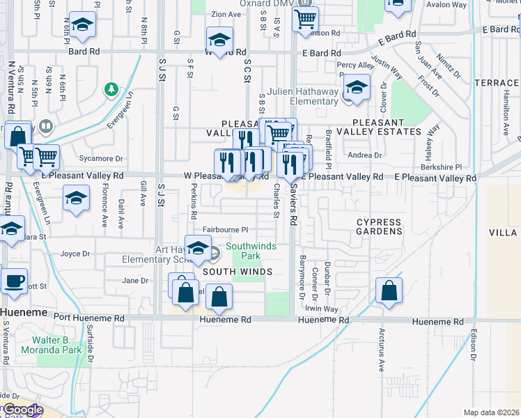 map of restaurants, bars, coffee shops, grocery stores, and more near 241 Campbell Way in Oxnard