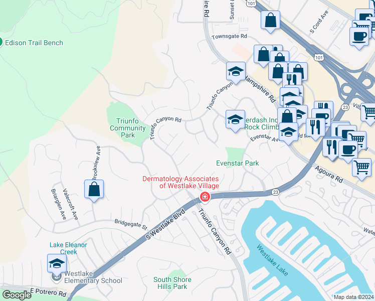 map of restaurants, bars, coffee shops, grocery stores, and more near 2095 Dewberry Court in Westlake Village