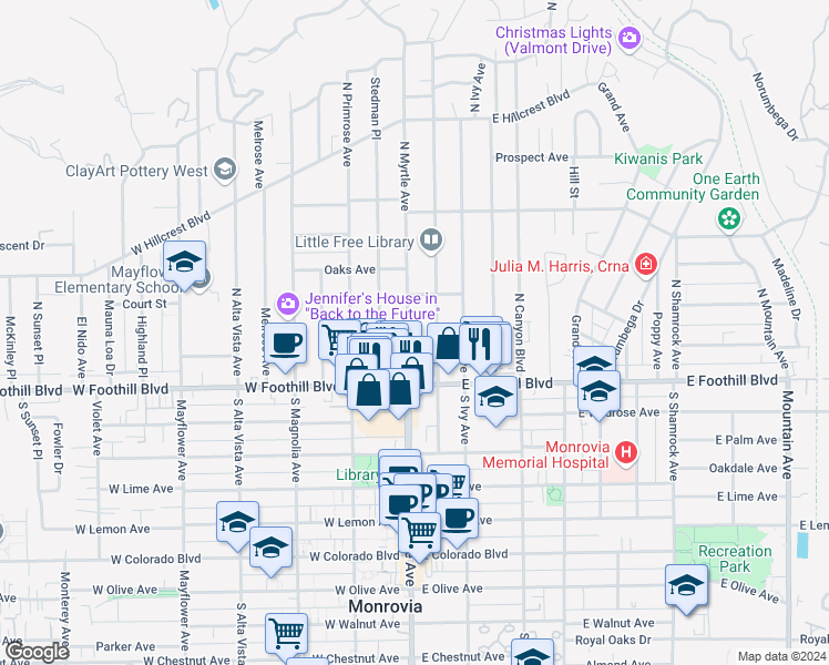 map of restaurants, bars, coffee shops, grocery stores, and more near 150 North Myrtle Avenue in Monrovia