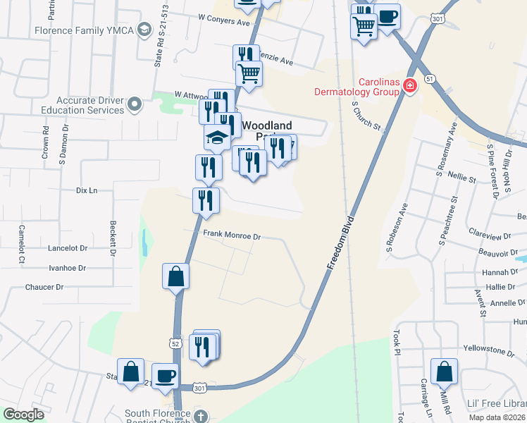 map of restaurants, bars, coffee shops, grocery stores, and more near 211 State Road S-21-589 in Florence