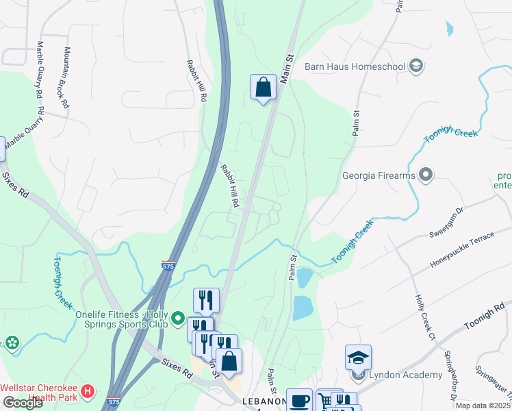 map of restaurants, bars, coffee shops, grocery stores, and more near 100 Holly Park Court in Holly Springs