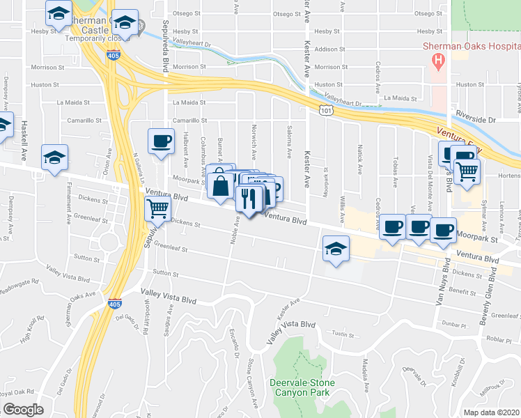 map of restaurants, bars, coffee shops, grocery stores, and more near 15040 Moorpark Street in Los Angeles