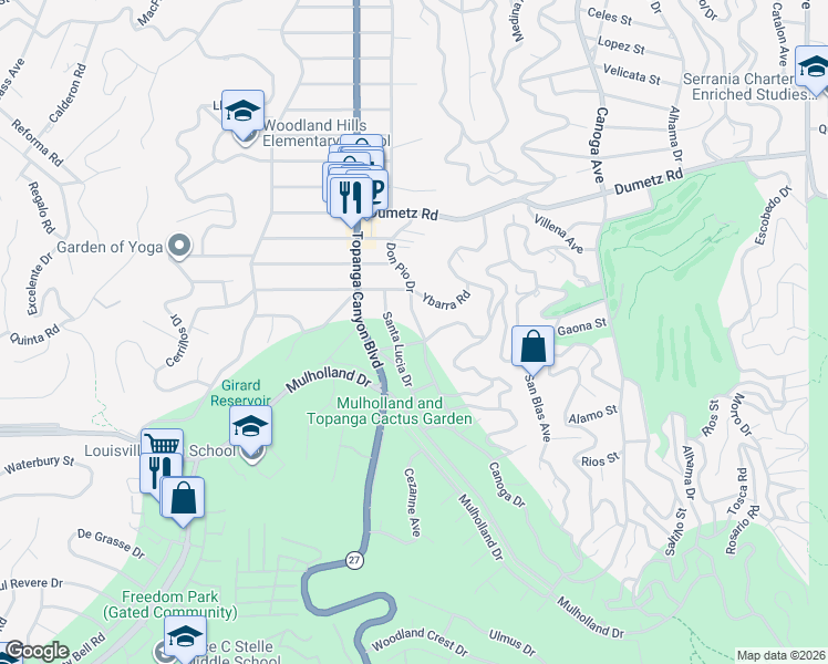 map of restaurants, bars, coffee shops, grocery stores, and more near 4713 Don Pio Drive in Los Angeles