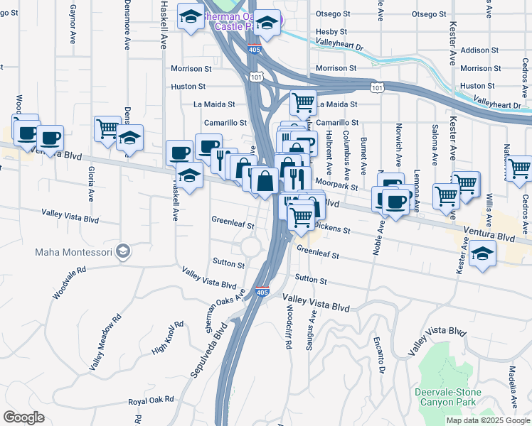 map of restaurants, bars, coffee shops, grocery stores, and more near 4560 Sherman Oaks Avenue in Los Angeles