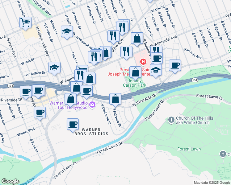 map of restaurants, bars, coffee shops, grocery stores, and more near 3000 West Alameda Avenue in Burbank