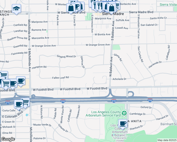 map of restaurants, bars, coffee shops, grocery stores, and more near 870 Fallen Leaf Road in Arcadia