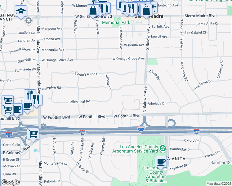 map of restaurants, bars, coffee shops, grocery stores, and more near 870 Hampton Road in Arcadia