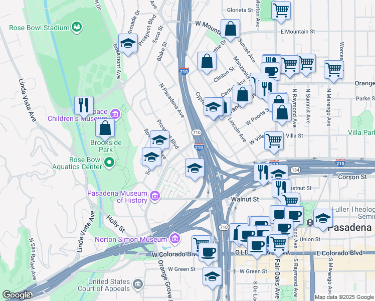 map of restaurants, bars, coffee shops, grocery stores, and more near 554 North Orange Grove Boulevard in Pasadena