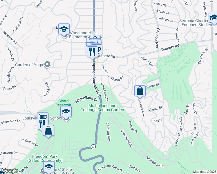 map of restaurants, bars, coffee shops, grocery stores, and more near 4713 Don Pio Drive in Los Angeles