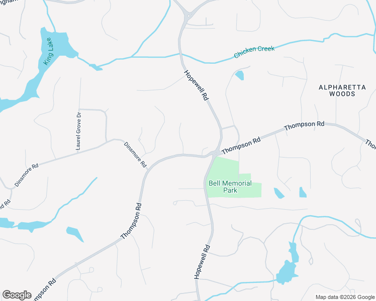 map of restaurants, bars, coffee shops, grocery stores, and more near 15260 South Thompson Road in Alpharetta