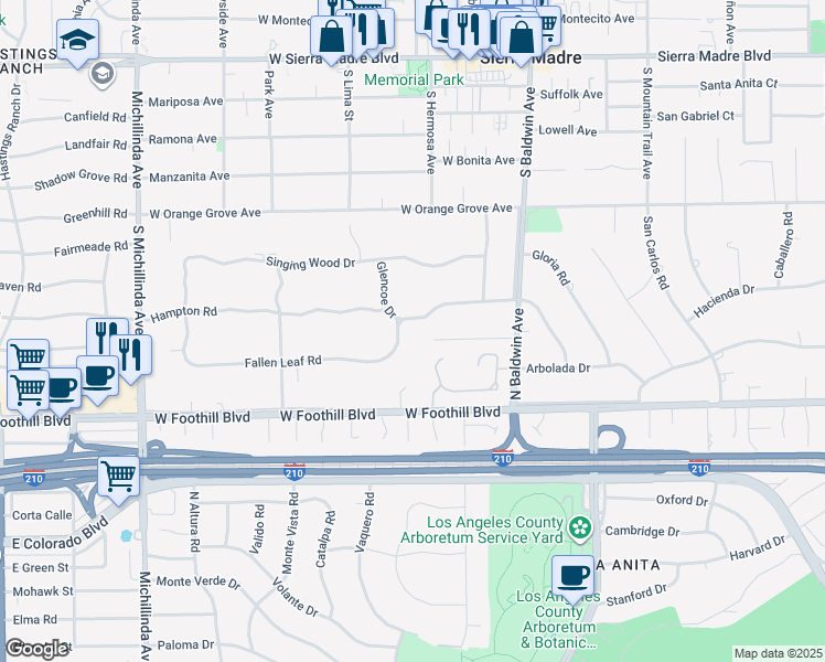 map of restaurants, bars, coffee shops, grocery stores, and more near 870 Fallen Leaf Road in Arcadia